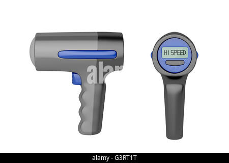 Seiten- und Blick auf Radar-Geschwindigkeit-Pistole, isoliert auf weißem Hintergrund Stockfoto