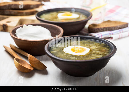 Frühling grünen Borschtsch Sauerampfer Spinatsuppe garniert mit Kochen Ei garniert mit Creme fraiche Stockfoto