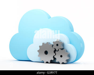 Cloud-computing-Technologie. Zahnräder und Cloud auf weißem Hintergrund Stockfoto