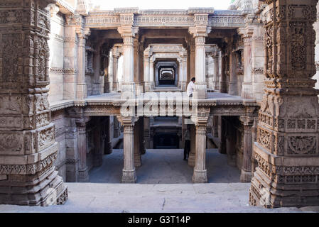 Schöne Schnitzereien an den Wänden des Adalaj treten auch in Ahmedabad, Indien Stockfoto