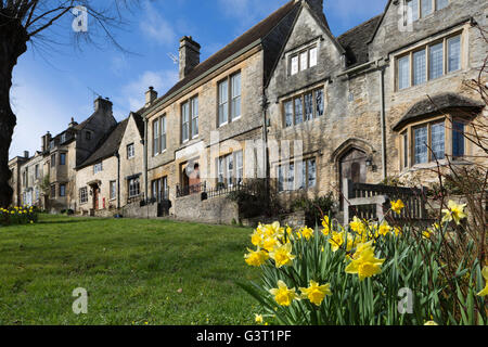 Cotswold Steinhütten und Narzissen entlang The Hill, Burford, Cotswolds, Oxfordshire, England, Vereinigtes Königreich, Europa Stockfoto