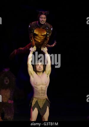 Shanghai, China. 15. Juni 2016. Chinesische Akrobaten führen den musical "Tarzan" in Shanghai Disneyland in Shanghai, Ost-China, 15. Juni 2016. Das Musical ist aus Walt Disneys Zeichentrickfilm mit dem gleichen Namen angepasst. Das Shanghai Disney Resort ist am 16. Juni öffnen. Bildnachweis: Ren lange/Xinhua/Alamy Live-Nachrichten Stockfoto