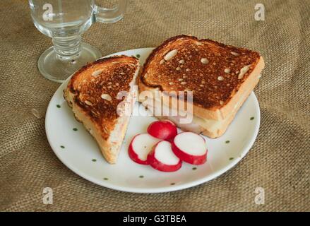 Toast mit Schinken und Käse auf weißen Teller mit Scheiben von Rettich im Hintergrund ein Glas mit Wasser Stockfoto