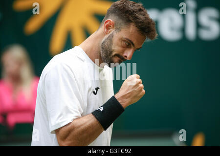 Halle, Deutschland. 15. Juni 2016. Marcel Granollers Spanien reagiert während des Spiels gegen Kohlschreiber Deutschland an das ATP-Tennisturnier in Halle, Deutschland, 15. Juni 2016.  Bildnachweis: Dpa picture Alliance/Alamy Live News Stockfoto