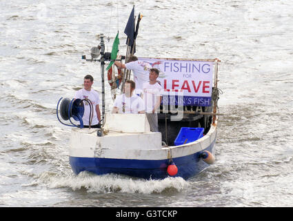 London.UK.15th Juni 2016.The Abstimmung verlassen Flottille kommt zu den Houses of Parliament, mit Anhängern auf Westminster Bridge in Anlehnung an die Botschaft und bleiben Boote verderben die Partei auf der Themse durch Weben innerhalb und außerhalb der Flottille. Bildnachweis: Brian Minkoff/Alamy Live-Nachrichten Stockfoto