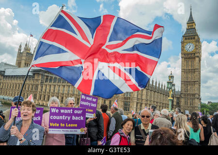 London, UK. 15. Juni 2016. Verlassen Anhänger Uhr von Westminster Bridge - Nigel Farage, der Führer der Ukip, schließt sich eine Flotte von Fischkuttern, die Themse zum Parlament zu fordern Rückzug des Vereinigten Königreichs aus der EU in einem Protest zeitlich zusammenfallen mit Fragen des Premierministers. Bildnachweis: Guy Bell/Alamy Live-Nachrichten Stockfoto