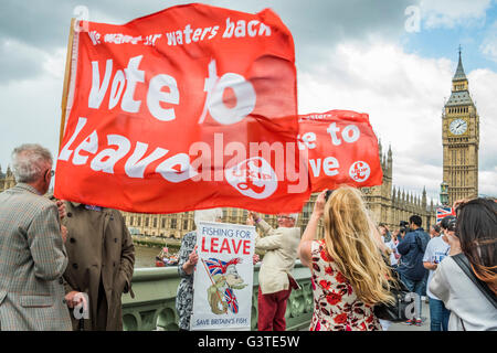 London, UK. 15. Juni 2016. Verlassen Anhänger Uhr von Westminster Bridge - Nigel Farage, der Führer der Ukip, schließt sich eine Flotte von Fischkuttern, die Themse zum Parlament zu fordern Rückzug des Vereinigten Königreichs aus der EU in einem Protest zeitlich zusammenfallen mit Fragen des Premierministers. Bildnachweis: Guy Bell/Alamy Live-Nachrichten Stockfoto