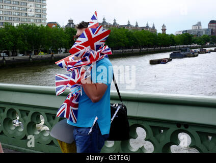 London, UK. 15. Juni 2016. eine Flotte von Fischerbooten kommen in die Themse, den Support für die Ausreise aus der EU zu zeigen und zu protestieren gegen die EU-Fischerei-Taraffs. Auch lassen Sie dort wo Campainers entlang des Flusses. IN Campainers auch eine Demonstration Zähler in einem Boot und entlang des Flusses Stockfoto