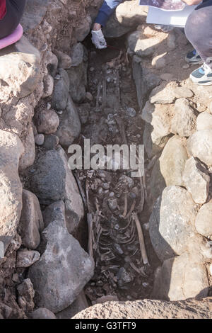 Pozo, Gran Canaria, Kanarische Inseln, Spanien, 15. Juni 2016. Archäologen untersuchen ein Skelett auf einem Aborigine Gräberfeld auf der Ost Küste von Gran Canaria. "Los Guanches", die ersten Bewohner der Kanarischen Inseln werden gedacht, um die nordafrikanischen Berber Abstammung gewesen sein. Das Skelett ist männlich, ca. 45 Jahre alt, und Schätzungen zufolge vor rund 600 Jahren begraben worden (noch um über Kohlenstoffdatierung bestätigt werden). Bildnachweis: Alan Dawson News/Alamy Live-Nachrichten Stockfoto