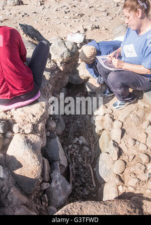 Pozo, Gran Canaria, Kanarische Inseln, Spanien, 15. Juni 2016. Archäologen untersuchen ein Skelett auf einem Aborigine Gräberfeld auf der Ost Küste von Gran Canaria. "Los Guanches", die ersten Bewohner der Kanarischen Inseln werden gedacht, um die nordafrikanischen Berber Abstammung gewesen sein. Das Skelett ist männlich, ca. 45 Jahre alt, und Schätzungen zufolge vor rund 600 Jahren begraben worden (noch um über Kohlenstoffdatierung bestätigt werden). Bildnachweis: Alan Dawson News/Alamy Live-Nachrichten Stockfoto