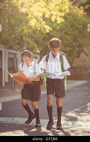 Schülerinnen und Schüler lesen Bücher während des Gehens auf dem campus Stockfoto