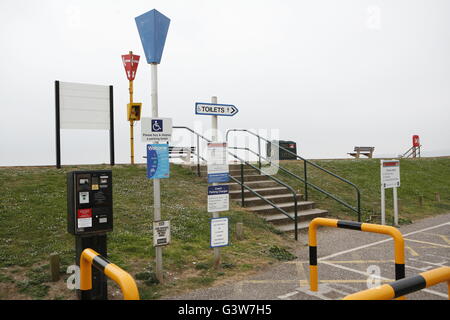 Zu viele Zeichen. Eine Fülle von hässlichen Zeichen auf dem Strand Parkplatz bei Budleigh Salterton in Devon, England. Stockfoto