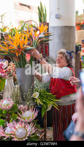 FUNCHAL-PORTUGAL-März 26, unbekannte Frau in traditioneller Kleidung verkaufen Blumen beschäftigt mit der Schwertfisch, Reinigung auf dem Markt Stockfoto