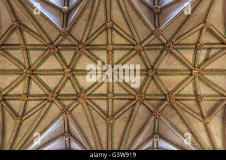 Die gewölbte Decke und Säulen des Kirchenschiffs der Tewkesbury Abbey, England Stockfoto