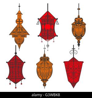 Satz von ornamentalen ethnischen Laternen in zwei Farben rot, orange Stock Vektor