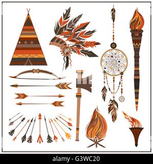 Setzen Sie Elemente Ethno-Stil Perlen, Wigwam, Feuer, Tomahawk, Fackel. Stock Vektor