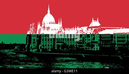 Schwarz / weiß Silhouette des ungarischen Parlaments - Orszaghaz in Budapest voller Nationalfarben. Vektorgrafik. Stock Vektor