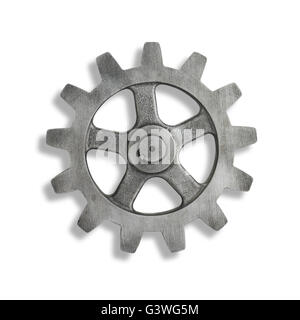 Silber Metall cog auf weißem Hintergrund mit Schatten Stockfoto