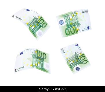 Fliegende 100 Banknoten des Euro isoliert auf weiss Stockfoto