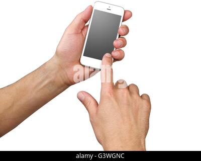 Hände halten eine Telefon isoliert auf weiss. Stockfoto