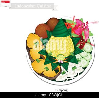 Indonesische Küche, Tumpeng oder traditionellen Kegel geformt Curry-Reis mit gebratener Fisch, Fleischbällchen und Gemüse, eines der meisten Popu Stock Vektor