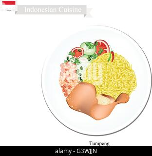 Indonesische Küche, Tumpeng oder traditionellen gelben Curry-Reis mit Fried Chicken, Nüssen und Gemüse, eines der beliebtesten Fo Stock Vektor