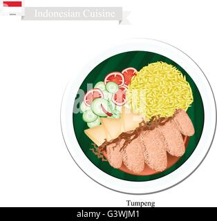 Indonesische Küche, Tumpeng oder traditionellen gelben Curry-Reis mit Deep Fried Pork Cutlet, Tofu und Gemüse, eines der meisten P Stock Vektor