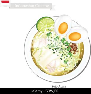 Indonesische Küche, Soto Ayam oder traditionelle Reisnudeln in würzige Suppe mit Huhn und Ei. Eines das beliebteste Gericht Stock Vektor