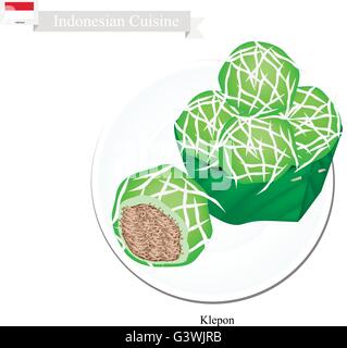 Indonesische Küche, Klepon oder traditionelle Pandanus Reisbällchen aus klebrigen Mehl und geriebene Kokosnuss mit karamellisierten Coco gemacht Stock Vektor