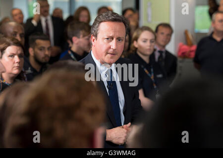 Der ehemalige Premierminister David Cameron mit erster Minister von Wales Carwyn Jones bei British Gas in Cardiff, Südwales. Stockfoto