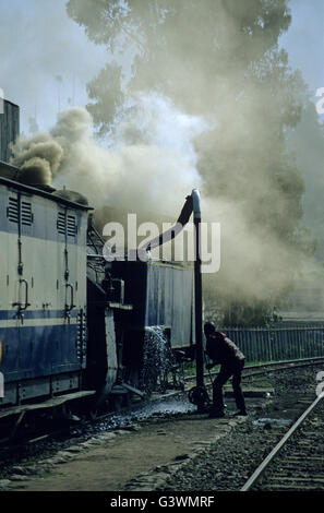 Indien, Tamil Nadu, Nilgiris, Coonoor, Nilgiri-Bergbahn einen historischen Dampfer Betrieb auf eine Zahnstange und Ritzel verfolgen, um die Höhenlage in den Nilgiri-Bergen, gebaut von den Briten im Jahre 1908, 'X' Klasse Rack Dampflokomotiven hergestellt durch die Schweizerische Lokomotiv- und Maschine arbeiten von Winterthur in der Schweiz, Lokomotive an Wasserpumpe in Ooty Klettern Stockfoto