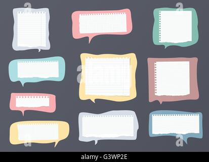 Zerrissene weiße linierte Notebook Zettel sind auf bunte Sprechblasen Stock Vektor