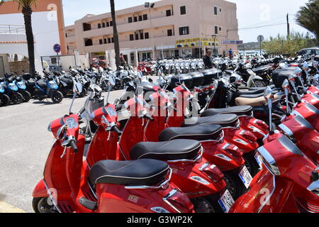 Reihen der roten, weißen und blauen Mopeds für Vermietung, Formentera, Balearen, Spanien Stockfoto