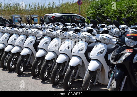 Reihen der weißen Mopeds abgestellt an Vermieter La Savina, Formentera, Spanien Stockfoto