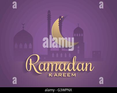 Vektor-Mond und Moschee Blitz in dunklem lila Hintergrund mit Ramadan Kareem Grüße. Silhouette Abbildung Stock Vektor