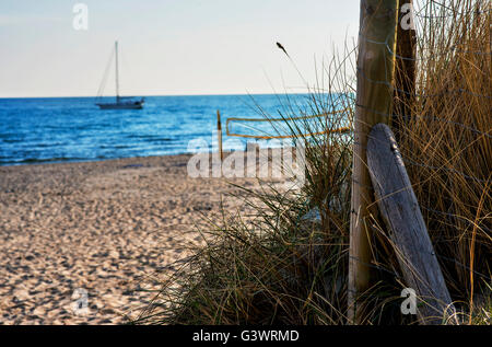 Segelboot verankert an einem Strand in der Ostsee Stockfoto