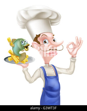 Eine Illustration von Cartoon Chef mit Fish &amp; Chips Stockfoto