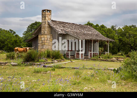 Texas-Kabine auf der Ranch mit longhorns Stockfoto