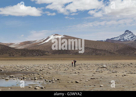 Sajama Nationalpark, Bolivien - 27. Oktober 2015: Touristen zu Fuß im Sajama Nationalpark Stockfoto