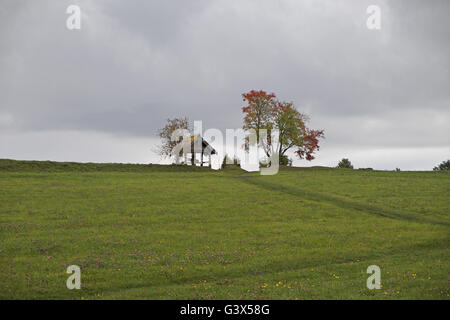 Überdachte Schrein/Cross-, Feld- und Pfad, Insel Kizhi, Karelien, Russland. Stockfoto