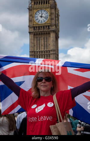 Stimmen Sie lassen-Demonstrator auf Westminster Bridge vor Big Ben demonstrieren für Menschen stimmen, Europa zu verlassen ab. Stockfoto