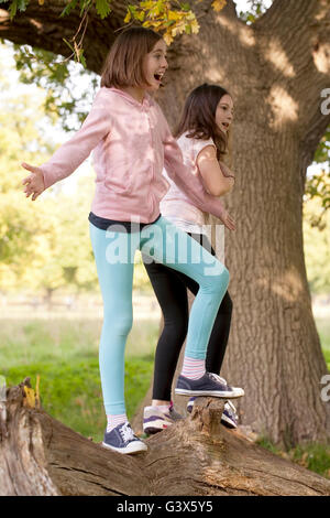 Spielen. Zwei Schwestern um einen gefallenen toten Baum klettern, behaupten, erkunden und spielen. Stockfoto