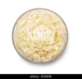 Draufsicht der Schüssel mit Sauerkraut, isoliert auf weiss Stockfoto