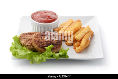 Fried-Burger mit Pommes frites, isoliert auf weiss Stockfoto