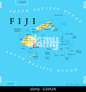 Fidschi politische Karte mit Hauptstadt Suva, wichtige Städte, Inseln und Riffe. Englische Beschriftung und Skalierung. Abbildung. Stockfoto