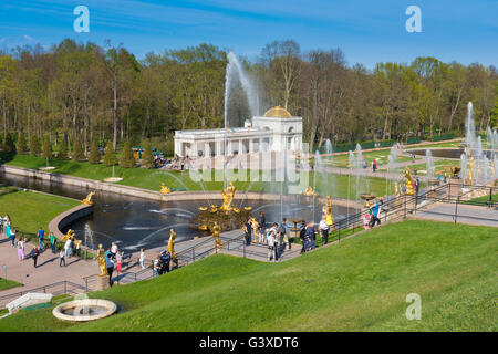 Samson-Brunnen und Skulpturen von die große Kaskade In Peterhof, Sankt Petersburg Stockfoto