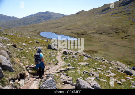 Einsame Dame zu Fuß auf Weg zum roten Tarn von Wainwright Hecht von Blisko in Lake District National Park, Cumbria, England Stockfoto