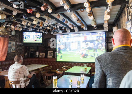 Llansaint, Carmarthenshire, Wales, UK. 16. Juni 2016. Aus Wales und England-Fans sehen Fußballspiel England gegen Wales in Kings Arms Pub im Dorf von Llansaint,Carmarthenshire,Wales.England 2: 1 gewinnen. Bildnachweis: Paul Quayle/Alamy Live-Nachrichten Stockfoto