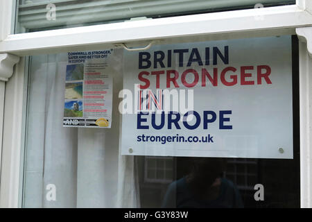 Melden Sie "Britain stärker in Europa" hinter Fenster in Cornwall, England.  © Jürgen Schwarz / Alamy Live News Stockfoto