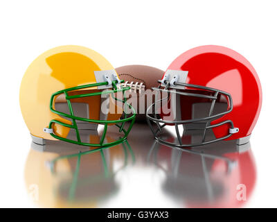 3D Renderer Bild. US-amerikanischer American-Football-Helme und Ball. Sport-Konzept. Isolierten weißen Hintergrund. Stockfoto